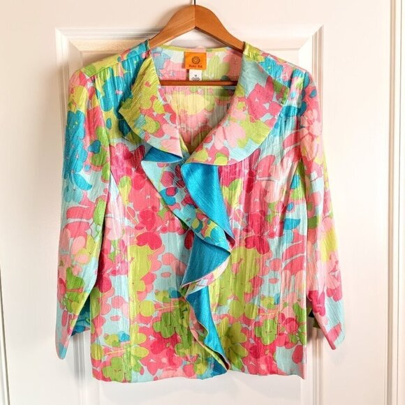 Ruby Rd. Jackets & Blazers - Ruby Rd. Pastel Floral Ruffled Shimmer Jacket